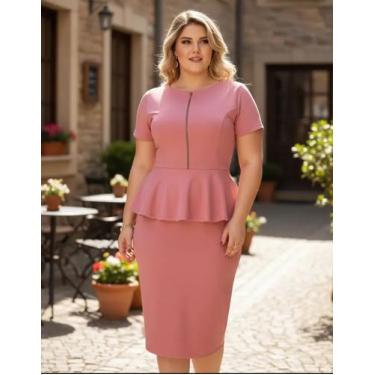 Imagem de Vestido Midi Peplum Zíper Moda Feminina Evangélica - Miss FLOWER, Rosa