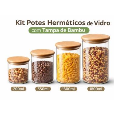 Imagem de Kit Pote Organizador Hermético Vidro Tampa Bambu Cozinha Moderna Premi
