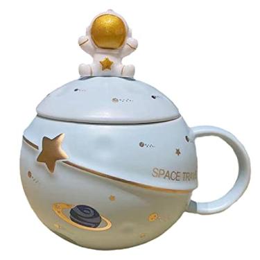 Imagem de seelucky Caneca de astronauta com colher criança caneca de leite de cerâmica 3D xícara de café caneca de desenho animado xícara de chá universo presente de aniversário (viagem espacial azul)
