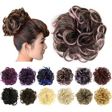 Imagem de IMISSU 2PCS de cabelo bagunçado coque updo scrunchies falsos rabo de cavalo extensão de cabelo ondulado encaracolado chignon faixa de cabeça para meninas (2PCS Marrom Rosa)