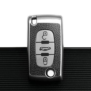 Imagem de CSHU Couro TPU 2 3 botões Car Key Case Cover Chaveiro Ring Key Bag, apto para Peugeot 107 207 307 307S 308 407 607 Citroen C2 C3 C4 C5 C6 C8,3 botão prateado
