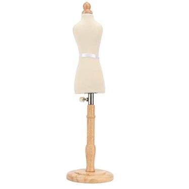 Imagem de Manequim de vestido de corpo de manequim, 17,9 a 23,2 polegadas de altura ajustável mini manequim de costura de torso feminino com base de madeira redonda profissional manequim de vestido branco