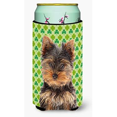 Imagem de Caroline's Treasures KJ1202TBC Dia de São Patrício Shamrock Yorkie Puppy/Yorkshire Terrier Tall Boy Hugger Can Cooler Sleeve Hugger Lavável à máquina Manga de bebida Hugger Dobrável Isolador Bebidas