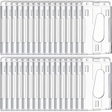 Imagem de 25 peças de suporte de crachá transparente para 2 cartões, suporte de crachá de identificação vertical resistente de plástico rígido transparente para crachá de identificação, compartimento para poleg