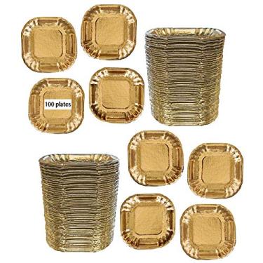 Imagem de Outside the Box Papers Mini pratos de papel quadrados de folha dourada – Utensílios de mesa descartáveis – Pesados 10 x 10 cm – Pacote com 100