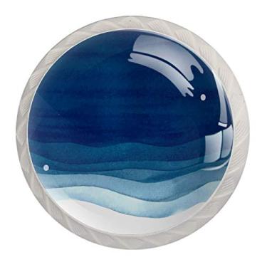 Imagem de Puxadores redondos decorativos para armário de cozinha, puxadores de armário, gavetas, alça de puxar para cômoda, 4 peças de ondas azuis aquarela