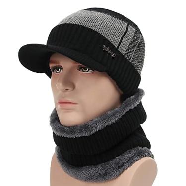 Imagem de Yajun Gorro de lã para homem conjunto de cachecol infinito aquecedor de pescoço com forro polar de inverno térmico chapéus de malha quente para desportos ao ar livre, Black, One Size