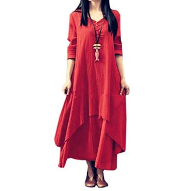 Imagem de WSLCN Vestido Feminino de Algodão e Linho Irregular Manga Longa Camisa Blusa longa Longa Casual Solto Plus Size 4XL Vermelho