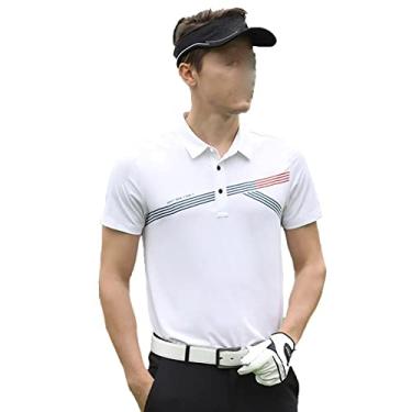 Imagem de Camisa masculina de verão polo de golfe respirável esportes tops de treino de secagem rápida listra manga curta botão gola camisas casuais de tênis, branco, GG (peito: 108 cm)