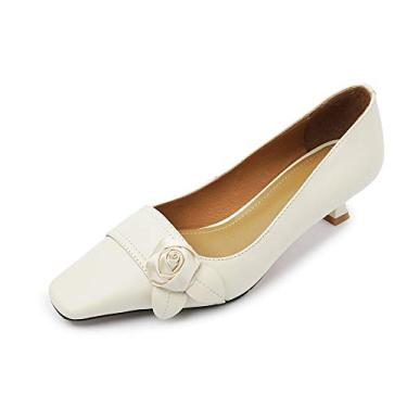 Imagem de TinaCus Sapato feminino de couro legítimo com bico quadrado feito à mão com salto baixo e carretel romântico, Bege, 36