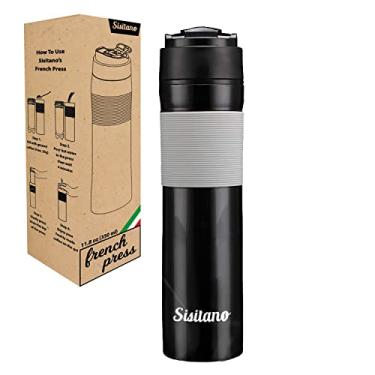 Imagem de Máquina de café de prensa francesa portátil com caneca de copo para viagens. Prepare o café perfeito com nosso mini desentupidor de prensa francesa (295 g). Ótimo para acampamento, mochila, viagens e seu escritório