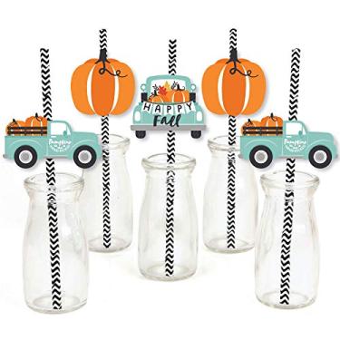 Imagem de Big Dot of Happiness Happy Fall Truck - Paper Straw Decor - Harvest Pumpkin Party Striped Decorative Straws - Set of 24