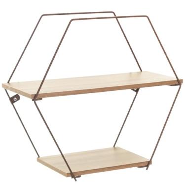 Imagem de Prateleira Decorativa Geométrica Hexagonal, Cor Corten Microtextura com Madeira Castanha, Metaltru