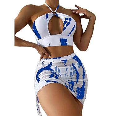Imagem de Conjunto de Biquíni Feminino Criss Halter, Adequado para a Pele, Feminino Tie-dye, Pacote Com 3 Maiôs, Charmoso Sem Costas, Cintura Baixa, Calcinha para Banho de Sol na Praia (M)