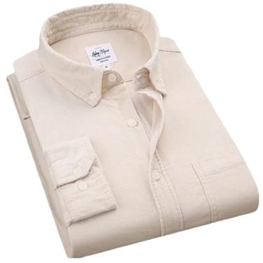 Imagem de BoShiNuo Camisa masculina de veludo cotelê de algodão quente outono inverno manga comprida camisa casual inteligente para homens confortáveis, Branco cremoso., PP