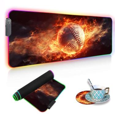 Imagem de Luasao Mouse pad RGB para jogos com porta-copos de café, design de fogo e água de beisebol aceso XXL grande LED brilhante, base de borracha antiderrapante, tapete de mouse de mesa para teclado de
