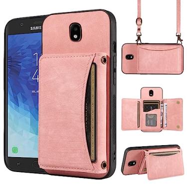 Imagem de Capa de telefone para Samsung Galaxy J7 Star J 7 Crown 7J Refine 2018 J7V V 2ª geração com alça de ombro transversal e bolso de couro para cartão de crédito Slim Aura S767VL SM J737V meninas rosa