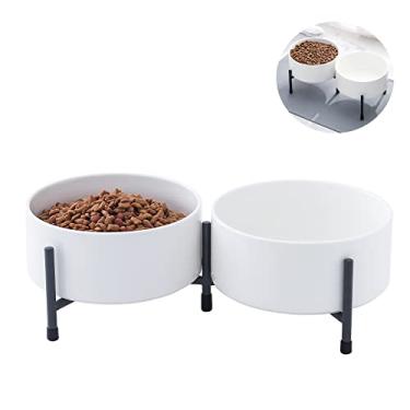 Imagem de Conjunto de 2 tigelas de cerâmica para cães e gatos de 946 ml com suporte de metal elevado – tigela redonda de cerâmica para ração e água de 15 cm para gatos e cães – Branca
