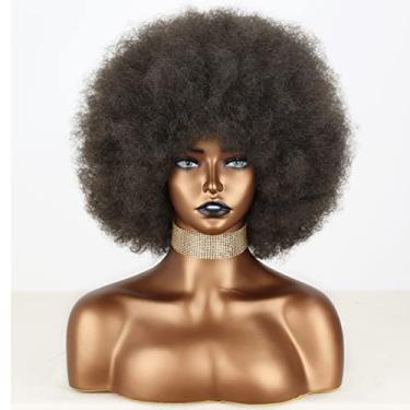Imagem de XINRAN Peruca afro marrom claro para mulheres negras, perucas afro castanho claro inchado anos 70, peruca grande e macia de aparência natural, peruca sintética cacheada afro curta (marrom)