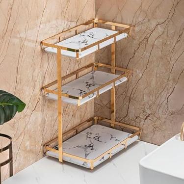Imagem de SANTOUXIANG Organizador de banheiro, bancada, perfume, maquiagem, cosméticos, expositor, bandeja de 3 camadas, cômoda, prateleira dourada de aço inoxidável, bandeja de cerâmica de mármore branco