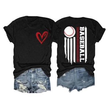Imagem de Camisetas femininas 2024 Baseball Mom Love American Flag Graphic Tops verão casual manga curta blusas soltas, Z01 Preto, XXG