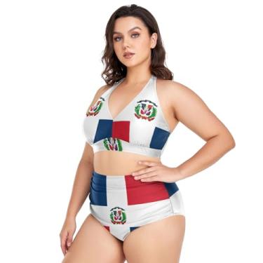 Imagem de Biquíni feminino plus size, cintura alta, maiô de 2 peças, frente única, franzido com parte inferior, Bandeira da República Dominicana, XXG Plus Size