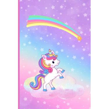 Imagem de Diário arco-íris de unicórnio com estrela cadente (diário de 15 x 23 cm): linhas pautadas de meia página, outra metade em branco para arte, diário infantil, bom para jardim de infância e até 4ª série