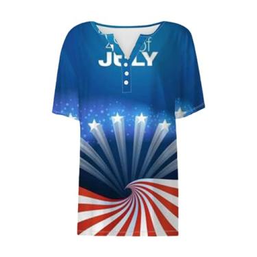 Imagem de Camiseta patriótica feminina fofa 4th of July Henley Neck Shirt Star Stipes camiseta bandeira americana, Azul, G