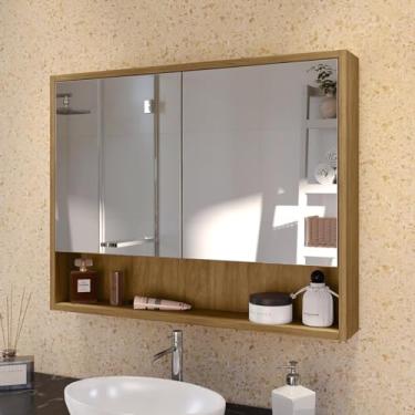 Imagem de Armário De Banheiro Aéreo Eros com Espelho Incluso prateleira com Portas,Espelheira para banheiro duas Portas com Prateleiras internas (CINAMOMO)