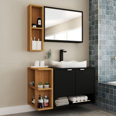 Imagem de Armário de Banheiro com Cuba Gravatá 4 Portas Preto Fosco/Naturalle - Panorama Móveis