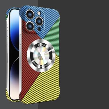 Imagem de Capa de telefone sem moldura de fibra de carbono para iPhone 12 13 14 15 Pro Max Slim Capa magnética sem bordas para celular, patchwork amarelo, para iPhone 14 Plus