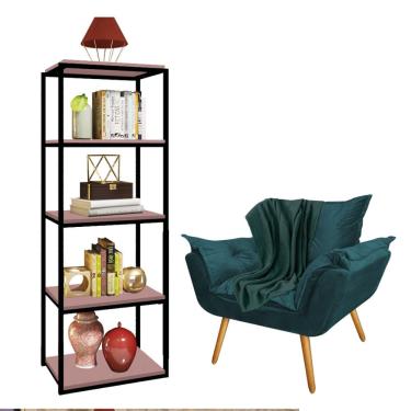 Imagem de Kit Poltrona Fatte com Manta Soft Verde e Estante Livreiro Ferro Preto MDF Rose Suede Azul Turquesa - Ahz Móveis