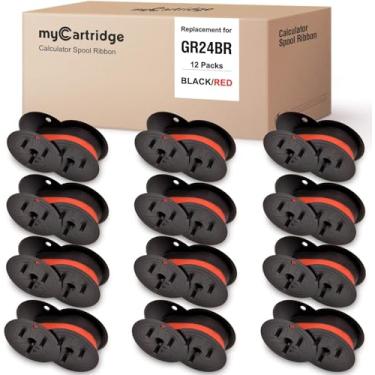 Imagem de myCartridge Pacote com 12 GR24 compatível com fita de calculadora de carretel duplo universal para NuKote BR80c Dataproducts R3027 Porelon 11216 Sharp El 1197 P III (preto/vermelho)