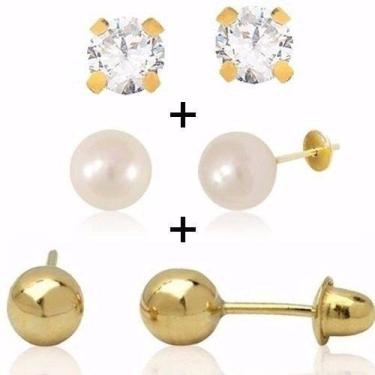 Imagem de Kit 3 Brincos 7mm Ouro 18k 750 Pérola Bolinha Ponto De Luz - RD Magazi