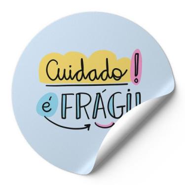 Imagem de 120 Etiquetas Auto Colante Adesivos Redondos Cuidado É Frágil Fundo Az