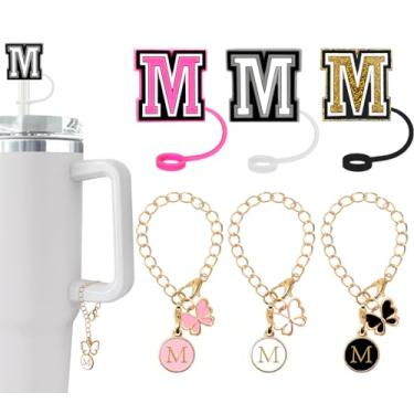 Imagem de (3 +3) Capa de canudo Nuozme compatível com copo Stanley Tumbler 3 peças de tampas de palha com 3 pingentes de borboleta inicial Nome ID para Stanley Copo de 30 e 1,134 g (capa de canudo de 3 letras,