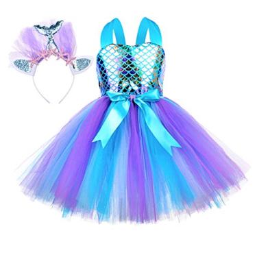 Imagem de Tutu Dreams Vestido de sereia de verão, 4 cores, para meninas, com faixa de cabeça, presentes de festa de aniversário, roupas de vestir, Azul, 3-4 Anos