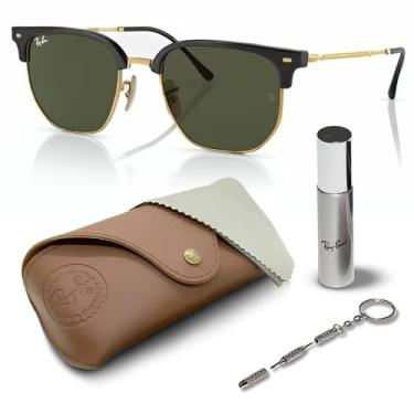 Imagem de Ray-Ban RB4416 NOVO CLUBMASTER Óculos de sol quadrados com kit de óculos – protetores de nariz ajustáveis, Armação preta polida em ouro | Lente verde, 51 mm