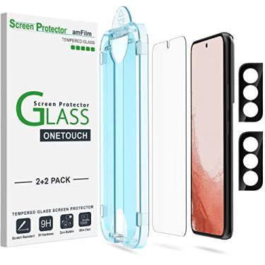 Imagem de Película amFilm OneTouch, para Samsung Galaxy S22 Plus de 6,6 polegadas, Vidro Temperado, Dureza 9H, Protetor de Lente da Câmera, Sem bolhas, 2 Unidades