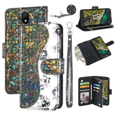 Imagem de Dibosom Capa carteira floral para Nokia C100 4G LTE N152DL com alça de pulso alça de ombro flip zíper bolsa porta-cartão, suporte glitter Bling capa de celular para C 100 100C 5.45 2022 TA1484 preta