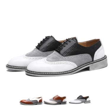 Imagem de Sapato social masculino em dois tons de patchwork Brogue Oxfords moderno clássico bico redondo com cadarço cano baixo couro social costurado à mão negócios formal Derby sapatos, Preto, 38