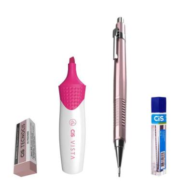 Imagem de Kit 4 Lapiseira BOHO Rosa 0.7mm +Borracha +Grafite + Vista - Cis