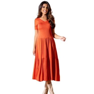 Imagem de Vestido Midi Soltinho Casual  Manga Curta Gola Redonda - Gisele Freita