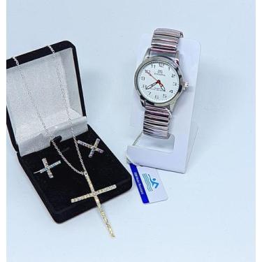 Imagem de Kit Relógio de Pulso Feminino Quartzo Pulseira aço inox elástica analó