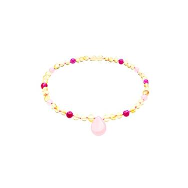 Imagem de Colar de âmbar genuíno do Mar Báltico feito com quartzo rosa limão polido e ágata vermelha 33 cm (13 polegadas), Âmbar báltico