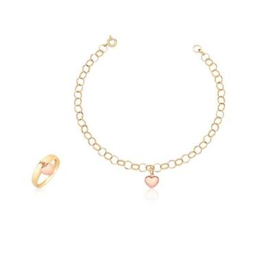 Imagem de Kit Conjunto Anel Coração Mais Pulseira Portuguesa Ouro 18k - MAEHLER 