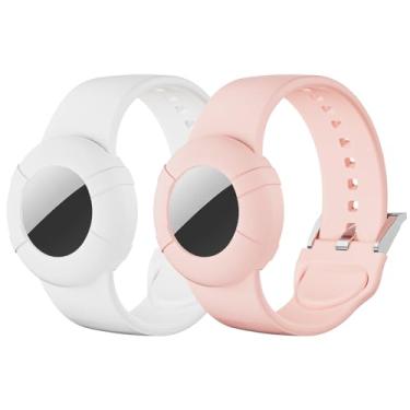 Imagem de Pacote com 2 pulseiras para adultos compatíveis com AirTag, pulseira de silicone macio para adultos, suporte antiperda compatível com Apple Air Tag (P, branco + rosa)