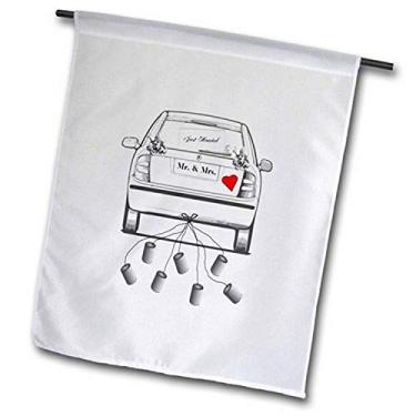 Imagem de 3dRose fl_204331_2"Impressão de carro e placa Just Married with Heart Garden Flag, 45 x 67