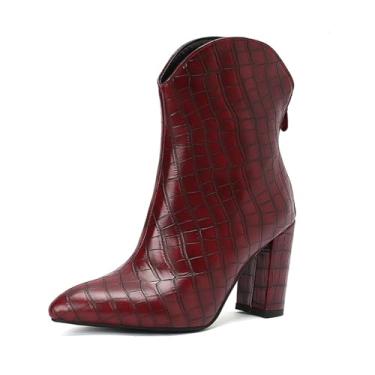 Imagem de Rock88 Botas curtas femininas em relevo crocodilo, botas de tornozelo com salto grosso e zíper traseiro, bico fino até a panturrilha para ocasiões casuais, Vinho tinto, 40
