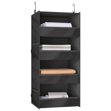 Imagem de Bosuelife Organizador de armário suspenso com 4 prateleiras, prateleiras dobráveis para armário, design de lábio frontal, lavável, armazenamento suspenso, preto